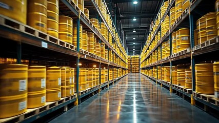 Poster - storage facility showcasing stacked yellow barrels in a well-organized warehouse aisle