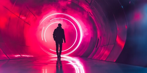 Poster - A figure walks through a vibrant, glowing tunnel. The swirling pink and purple lights create a mysterious atmosphere. Perfect for futuristic themes in art and media. AI