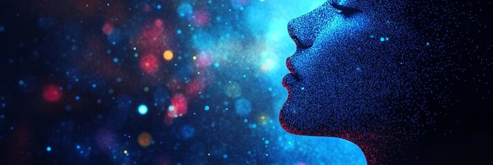 Poster - Abstract Digital Portrait Profile of a Woman s Face Composed of Blue Particles and Light