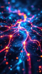 Fototapete - Vibrant electric pathways with neon colors and glowing network connections