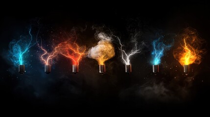 Poster - Electrifying light bulbs generating colorful energy digital art dark background abstract conceptual viewpoint