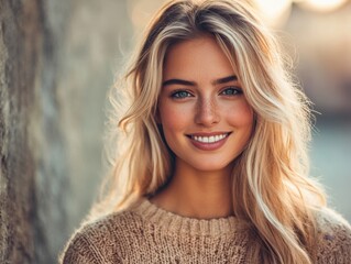 portrait of a smiling blonde woman with freckles