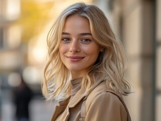 young blonde woman smiling outdoors