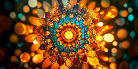 Poster - A vivid mandala radiates color and warmth. This intricate design combines jewels and glowing effects. Perfect for backgrounds or art projects. Explore your creativity. AI