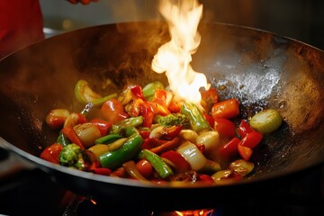 Fiery Wok Vegetables, Restaurant Kitchen, Cooking, Food