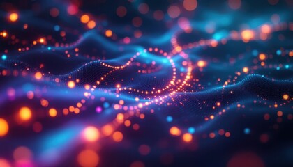Poster - abstract digital waves with glowing orange and blue particles in a dynamic motion