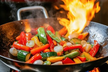 Wok-fried vegetables flaming, kitchen, restaurant, cooking