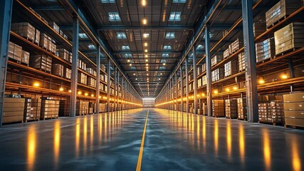 Poster - Spacious industrial warehouse with shelves filled with goods in a well-lit setting at dusk