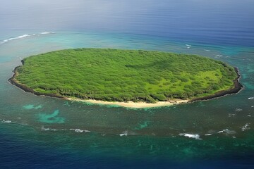 Canvas Print - Aerial view Lush tropical island, coral reef, ocean waves