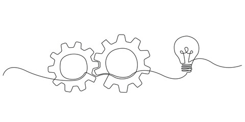Wall Mural - continuous line of interlocking gears and light bulbs.one line drawing of gears related to light bul