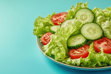 Wall Mural - Fresh salad plate, cucumber, tomato, lettuce, turquoise background, healthy food