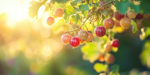 A gooseberry plant with ripe berries hanging on the branch in a garden, blur bright nature background