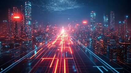 Poster - Vibrant futuristic cityscape illuminated by neon lights at night with a glowing pathway