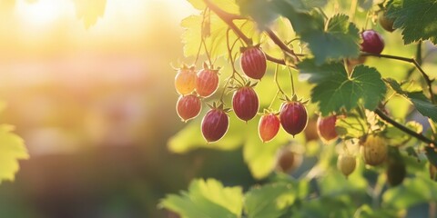 A gooseberry plant with ripe berries hanging on the branch in a garden, blur bright nature background