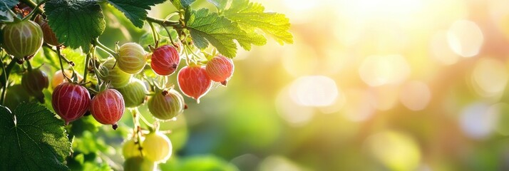 A gooseberry plant with ripe berries hanging on the branch in a garden, blur bright nature background