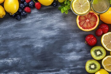 Wall Mural - Fresh fruit, lemonade, dark background, recipe, food blog