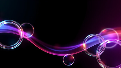 Abstract 3d black background wallpaper with glass transparent circles and colorful light iridescent neon holographic gradient. Crystal render rings, digital graphic design tech banner. Generative AI