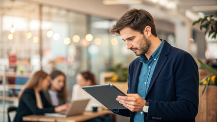 Wall Mural - professional man using tablet in modern office environment, focused and engaged