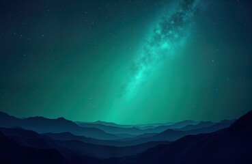 Poster - Night starry sky above distant mountain range. Vivid blue-green galaxy glows brightly. Tranquil scene of space, mountains. Spectacular image for space-themed designs backgrounds. Beautiful abstract