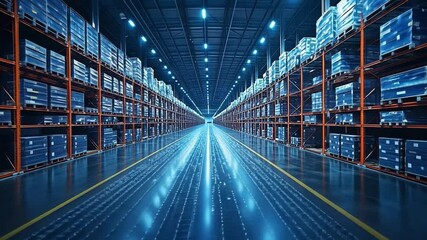 Poster - A vast warehouse interior with organized shelves of goods and bright overhead lights