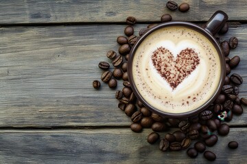 Heart latte art, coffee beans, wood, overhead, drink