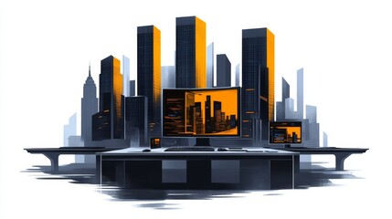 Poster - Urban Skyline with Centralized Server and Elevated Highway Infrastructure