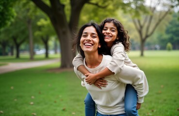 Happy Indian mother and daughter enjoy piggyback ride in park. Mother and child laugh, bonding moment. Outdoor fun, beautiful family photo. Summer day. Joyful family moment.