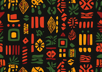 Wall Mural - Tribal African ethnic seamless pattern with simple lines and figures in red, yellow and green. Vector traditional black background, textile, paper, fabric. Kwanzaa, Black history month, Juneteenth