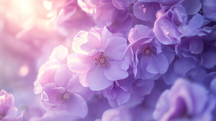 dreamy soft focus macro photography of delicate light purple flower petals in blooming lavender-toned spring flower bouquet with pastel colors capturing nature's gentle romantic beauty