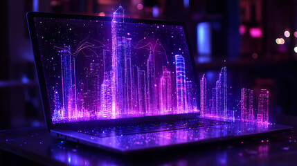 Poster - Stunning futuristic cityscape emerges from a laptop screen, bathed in vibrant purple and pink neon glow.  Perfect for illustrating technology, innovation, urban development, or smart city concepts.