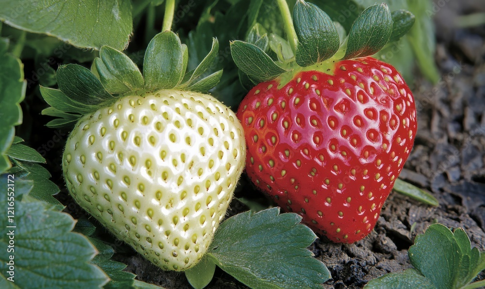 Forced perspective of red ripe and unripe strawberry on the bush Stock ...