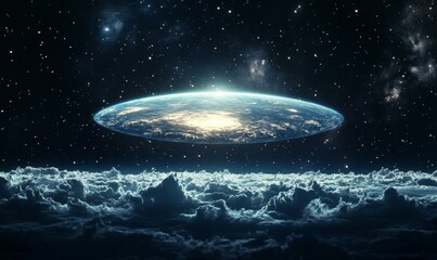 Wall Mural - futuristic interpretation of a flat earth floating in space, illuminated by cosmic light, depicting 