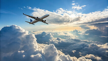 commercial plane soaring through fluffy clouds under bright sky