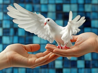 A pristine white dove lands gently on outstretched hands against a vibrant blue mosaic backdrop.  This serene image evokes peace, hope, and new beginnings.