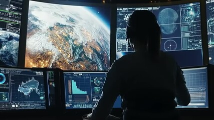 Person monitoring data and visuals from multiple screens in a futuristic control room with Earth view
