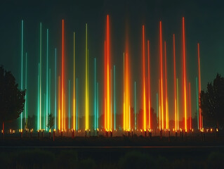 Poster - Spectacular nighttime scene featuring vibrant, colorful neon light beams piercing the dark sky.  Ideal for futuristic, technological, or artistic projects evokes feelings of wonder and innovation.