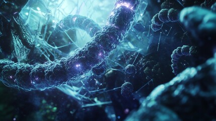 Poster - Futuristic biotechnology digital background featuring abstract dna strands, molecular structures, and high-tech data interfaces in a blue sci-fi cybernetic design for innovation, medical research, and
