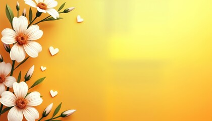 Aufkleber - Yellow background with white flowers, hearts. Floral design. Ideal for spring summer. Creative illustration. Use for spring cards, banners, website background, design. Beautiful floral illustration