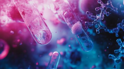 Poster - Futuristic biotechnology digital background featuring abstract dna strands, molecular structures, and high-tech data interfaces in a blue sci-fi cybernetic design for innovation, medical research, and