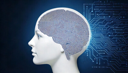 Poster - Stunning digital art depicting a woman's head with a circuit board pattern as her brain, seamlessly merging human form and technology.