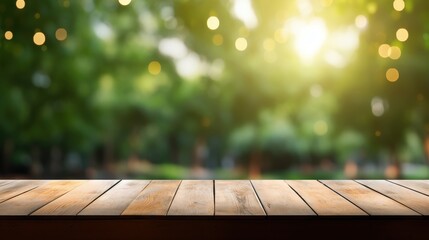 Poster - Blurred Background of a Sunlit Green Park with Warm Bokeh Lights and a Wooden Surface in the Foreground for Creative Projects