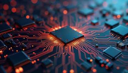 Poster - High tech circuit board close up view. Complex computer chip and circuitry. Modern tech design. Electronic components. Advanced technology. Innovation. Future tech. Digital age.