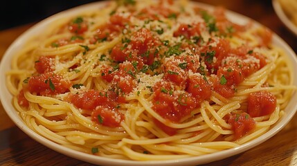 Delicious tomato spaghetti, restaurant setting, close-up