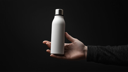 Wall Mural - Mockup of a hand holding a white thermos drinking bottle, black background.