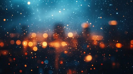 Poster - Abstract blue and white cloudy background with soft blur, creating a dreamy atmosphere filled with light bokeh and sparkling elements in the foreground