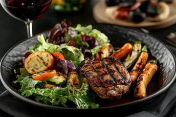 Wall Mural - Grilled steak, vegetables, salad, wine, restaurant dinner