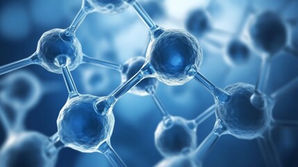 Poster - abstract blue molecule background featuring interconnected atomic structures and glowing particles, 