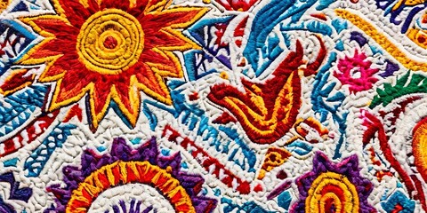 Aufkleber - A colorful piece of embroidery with a bird and flowers
