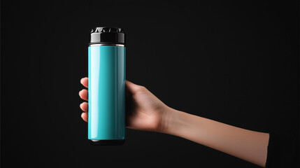 Wall Mural - Mockup of a hand holding a blue thermos drinking bottle, black background.