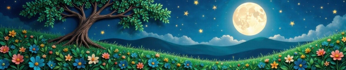 Wall Mural - Delicate quilled leaves dance in the gentle breeze under a full moon, airy, quilling art